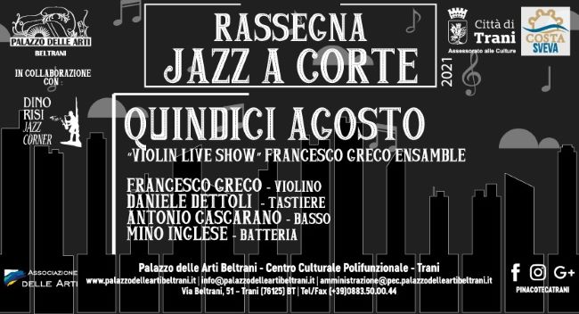 locandina orizzontale jazz a corte, violin live show con francesco greco ensemble