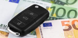 closeup euro money with car key