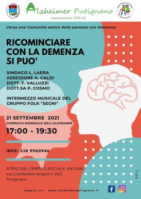 locandina incontro ricominciare con la demenza si può alzheimer putignano 2021