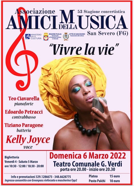 San Severo, il 6 marzo lo spettacolo musicale “Vivre la vie” con Kelly Joyce