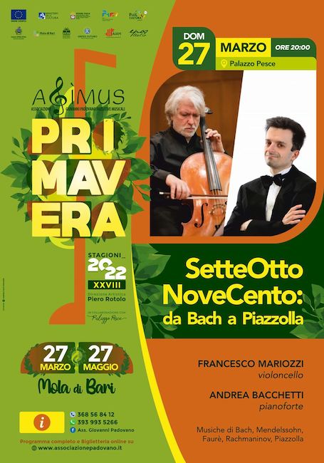 “SetteOttoNoveCento: da Bach a Piazzolla”, il 27 marzo a Mola di Bari