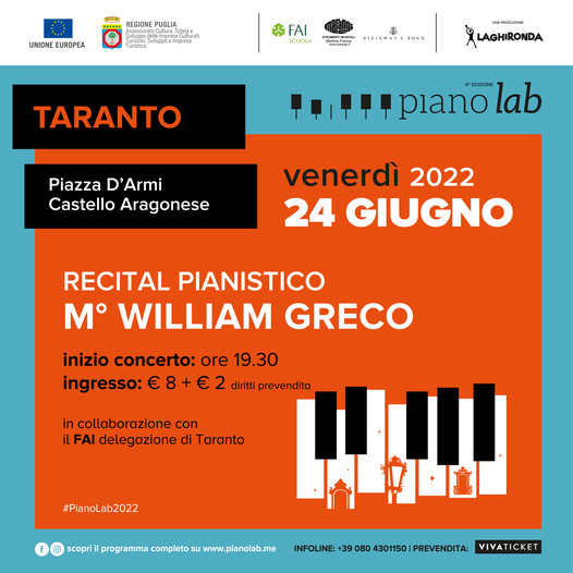 Taranto, Piano Lab : domani Concerto al tramonto di William Greco