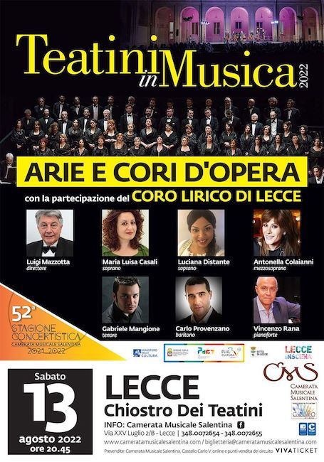 Arie e cori d’Opera, il 13 agosto 2022 il concerto a Lecce