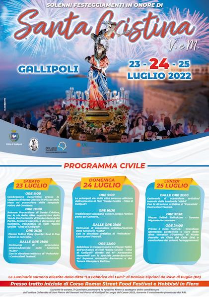 Gallipoli, dal 23 al 25 luglio 2022 la Festa di Santa Cristina