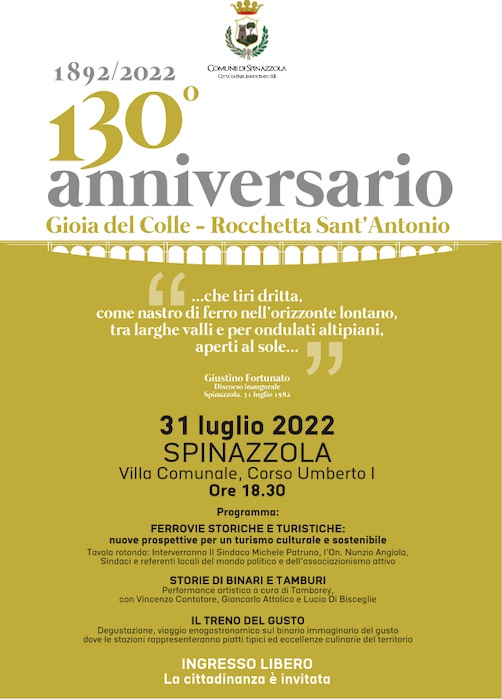 Spinazzola celebra oggi il 130° anniversario della Gioia-Rocchetta