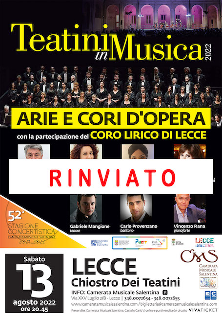 Lecce, rinviato il concerto “Arie e Cori d’Opera”