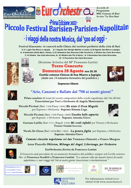 “Arie, Canzoni e Ballate dal 700 ai nostri giorni”, domani il concerto a Bari