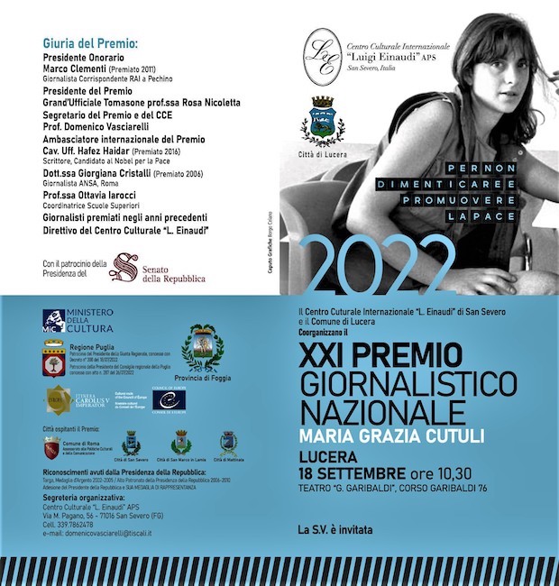 Premio Giornalistico Nazionale “Maria Grazia Cutuli”, il 18 settembre a Lucera