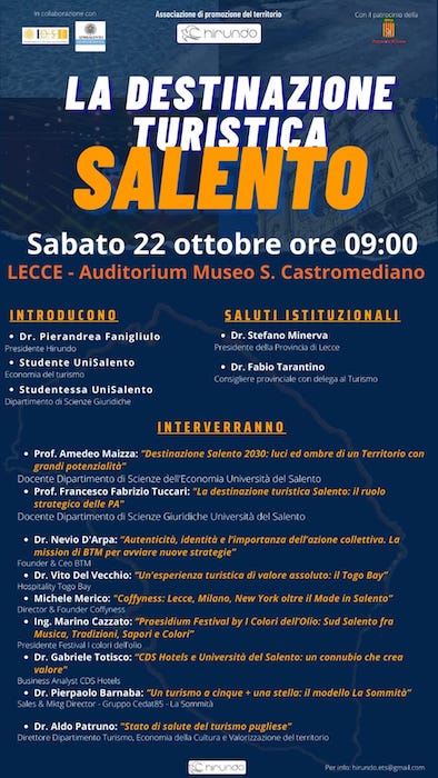 “La destinazione turistica Salento”, il 22 ottobre il convegno a Lecce “La destinazione turistica Salento”, il 22 ottobre il convegno a Lecce