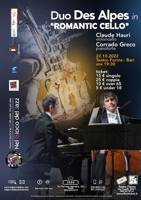 Bari, il 22 ottobre “Romantic Cello” con il Duo Des Alpes Bari, il 22 ottobre “Romantic Cello” con il Duo Des Alpes