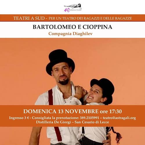 Lecce, teatro per ragazzi e famiglie: oggi va in scena “Bartolomeo e Cioppina” Lecce, teatro per ragazzi e famiglie: oggi va in scena “Bartolomeo e Cioppina”