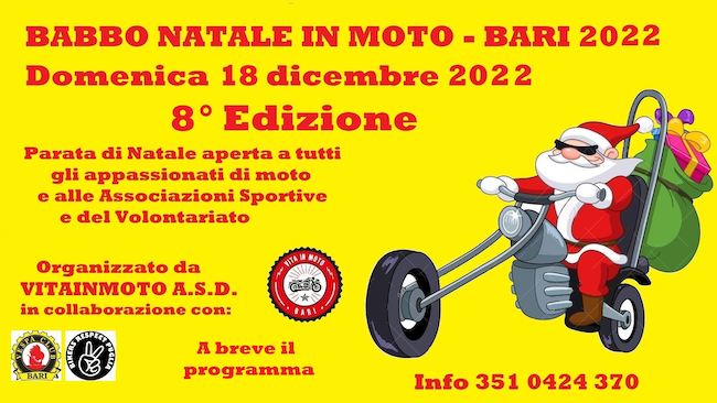 “Babbo Natale in moto”, torna a Bari l’iniziativa che porta sorrisi e regali ai bambini