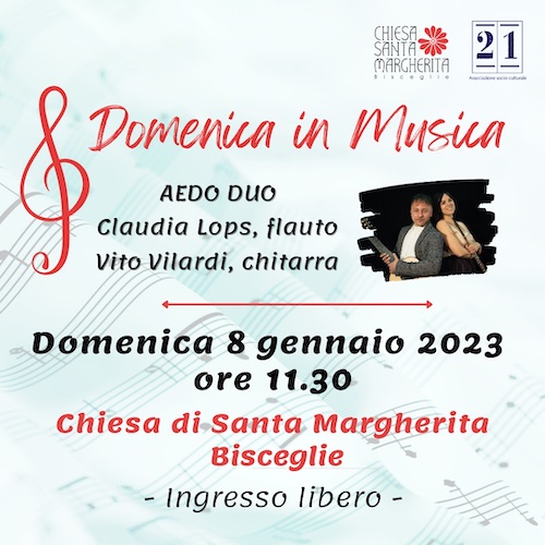 Bisceglie, ‘Domenica in Musica’ con l’Aedo Duo di Claudia Lops e Vito Vilardi