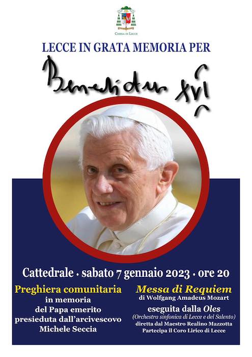 Lecce, il 7 gennaio concerto in memoria del Papa emerito Benedetto XVI