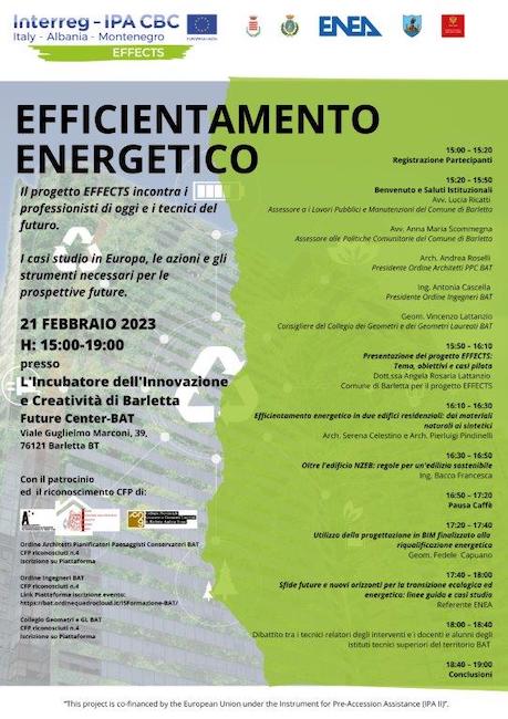 Barletta, progetto Effects: il 21 febbraio incontro su efficientamento energetico
