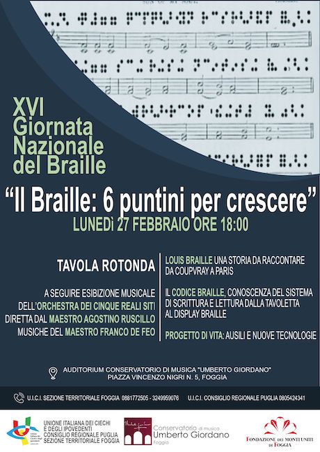 Giornata Nazionale del Braille, gli eventi di domani a Foggia