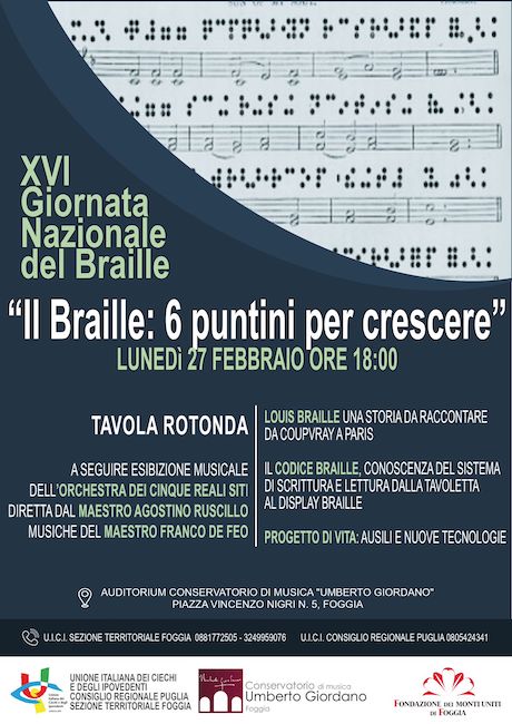 Giornata Nazionale del Braille, gli eventi di domani a Foggia Giornata Nazionale del Braille, gli eventi di domani a Foggia