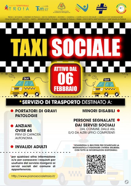 Da oggi riparte il “Taxi Sociale” nei Comuni dell’Ambito Territoriale di Troia