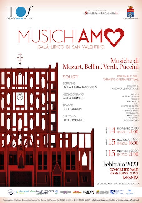 “MusichiAmo, il Gran Galà lirico di San Valentino”: il 14 e 15 febbraio a Taranto