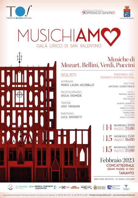 “MusichiAmo, il Gran Galà lirico di San Valentino”: il 14 e 15 febbraio a Taranto “MusichiAmo, il Gran Galà lirico di San Valentino”: il 14 e 15 febbraio a Taranto