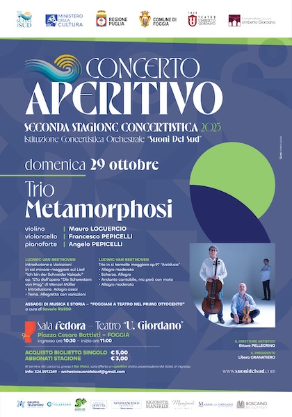 Foggia, domani “Concerto aperitivo” con il Trio Metamorphosi Foggia, domani “Concerto aperitivo” con il Trio Metamorphosi