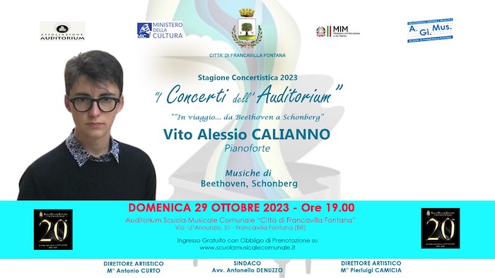 Francavilla Fontana, oggi concerto di Vito Alessio Calianno Francavilla Fontana, oggi concerto di Vito Alessio Calianno