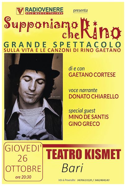 Bari, oggi al Teatro Kismet lo spettacolo “Supponiamo che Rino” Bari, oggi al Teatro Kismet lo spettacolo “Supponiamo che Rino”