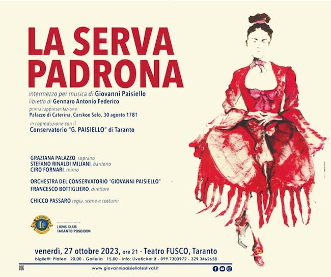 Taranto, “La serva padrona” di Giovanni Paisiello: domani al Teatro Fusco Taranto, “La serva padrona” di Giovanni Paisiello: domani al Teatro Fusco