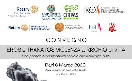 “Eros e Thánatos. Violenza a rischio di vita”, il convegno a Bari
