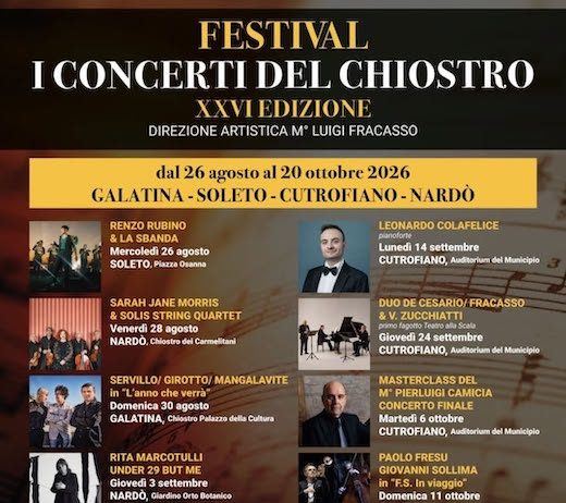 I Concerti del Chiostro 2026: gli appuntamenti di ottobre nel Salento